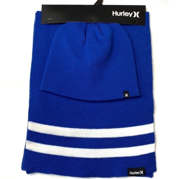 Hurley blue stripe scarf and beanie hat set NWT - Picture 1 of 6